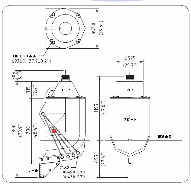 直径750mmマーカーブイ 高速水流向け    OSK72TMSL-B750